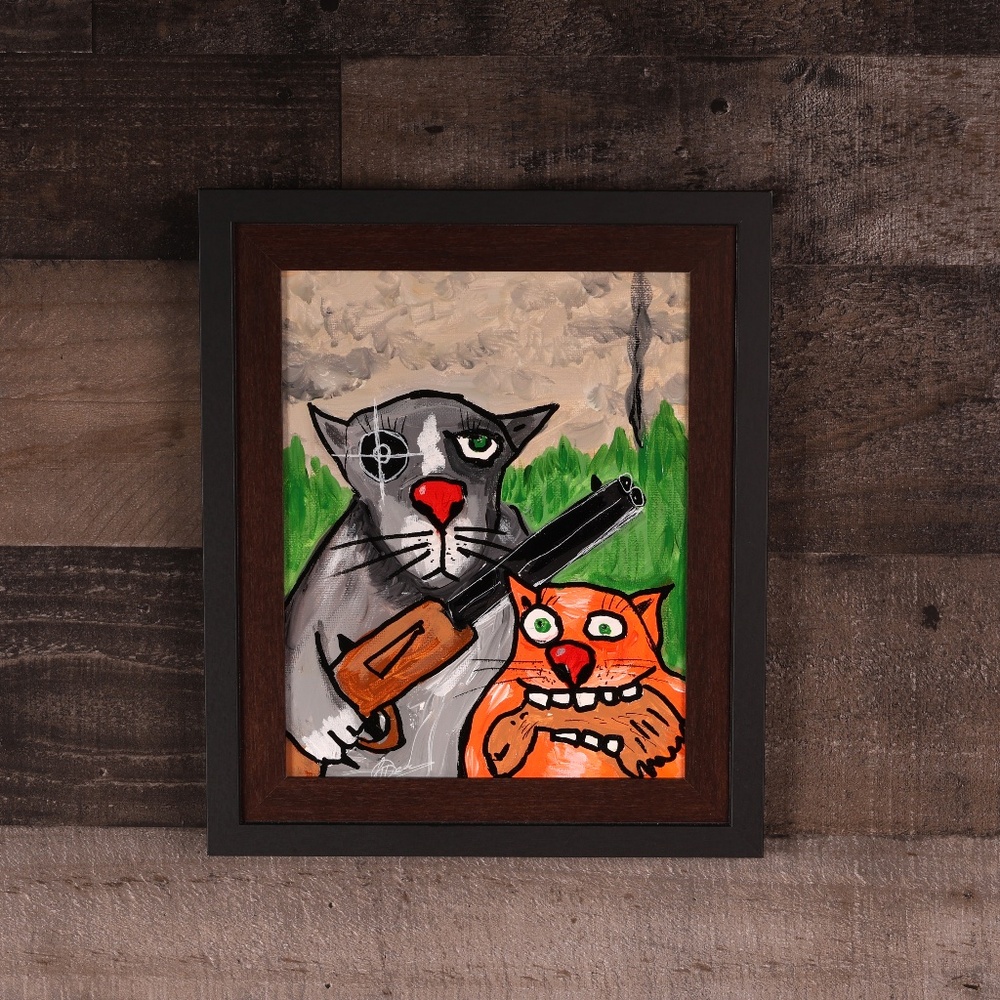 cat and dog funny hunting original acrylic painting 8x10 framed